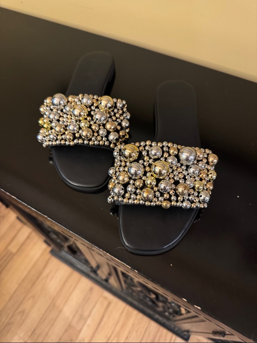Steve Madden Black Slide Sandals with Gold & Silver Bead Embellishments
